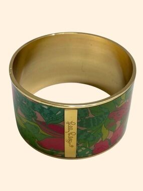 Lilly Pulitzer Floral Gold-Tone Wide Cuff Bracelet with Frogs RARE 2425
